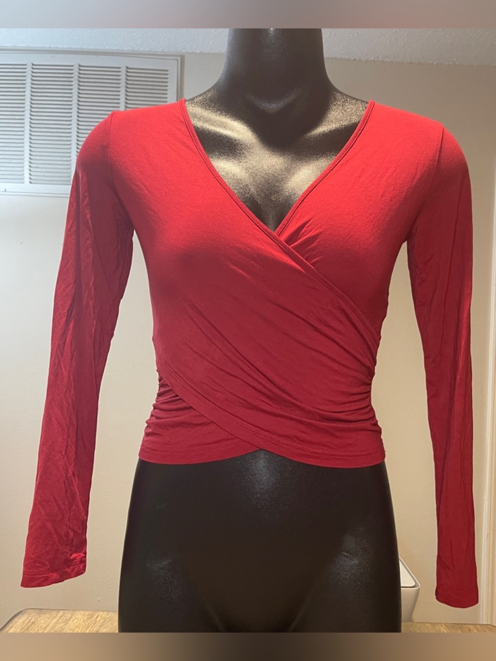 Classic Red Wrap-Front Long Sleeve Crop Top, Size Medium
